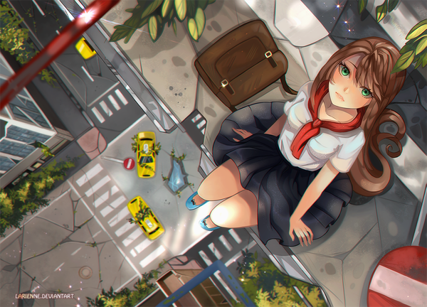 Anime picture 1500x1080 with original larienne single long hair looking at viewer fringe brown hair sitting green eyes signed payot parted lips pleated skirt from above sparkle looking up destruction crosswalk post-apocalyptic girl