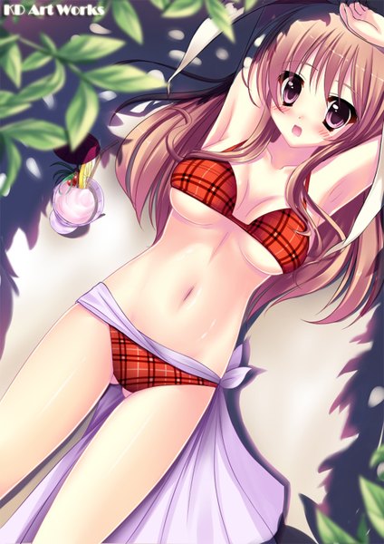 Anime picture 1024x1448 with original caidychen single long hair tall image blush breasts open mouth light erotic brown hair purple eyes lying underboob ass visible through thighs girl navel swimsuit bikini leaf (leaves) plaid bikini