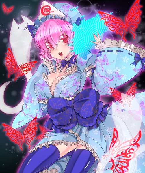 Anime picture 2000x2392 with touhou saigyouji yuyuko yuki (dlill) single tall image highres short hair open mouth light erotic red eyes pink hair ghost seigaiha girl thighhighs dress bow insect butterfly bonnet