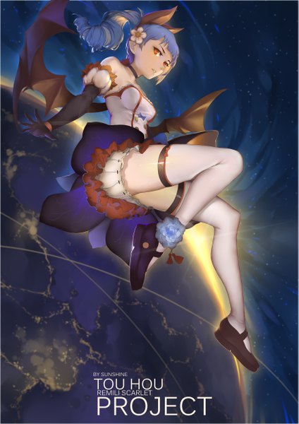 イラスト 3507x4960 と 東方 レミリア・スカーレット sunshine (1638509769) ソロ 長髪 長身像 前髪 highres light erotic 肩出し signed 青い髪 looking away absurdres 全身 bent knee (knees) blunt bangs hair flower inscription orange eyes