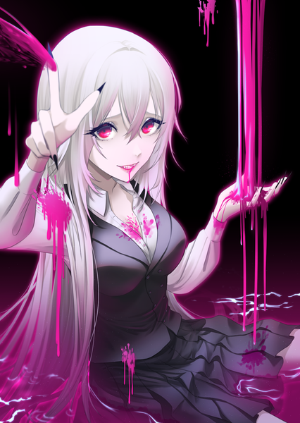 Anime picture 1447x2039 with original sleepshellx single long hair tall image looking at viewer fringe breasts simple background smile hair between eyes large breasts sitting silver hair long sleeves nail polish pleated skirt pink eyes fingernails fang (fangs)