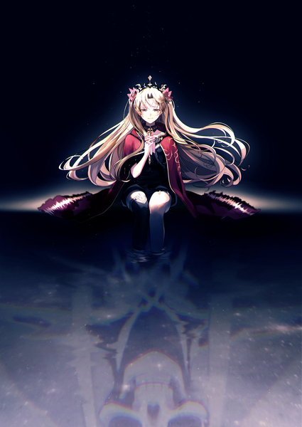 Anime-Bild 2819x3979 mit fate (series) fate/grand order ereshkigal (fate) hana arare single long hair tall image fringe highres blonde hair sitting brown eyes nail polish light smile two side up floating hair black background looking down reflection hands clasped