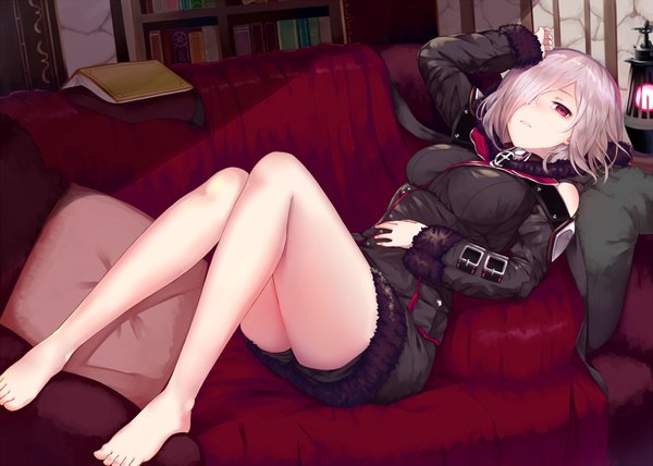 Anime picture 2100x1500 with shadowverse wizardess of oz yamato (muchuu paradigm) single looking at viewer fringe highres short hair breasts red eyes pink hair full body bent knee (knees) indoors lying long sleeves parted lips barefoot arm up hair over one eye