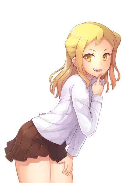 Anime picture 707x1000 with demi-chan wa kataritai a-1 pictures takanashi hikari rizihike single long hair tall image simple background blonde hair white background signed yellow eyes looking away leaning leaning forward finger to mouth girl uniform school uniform tongue