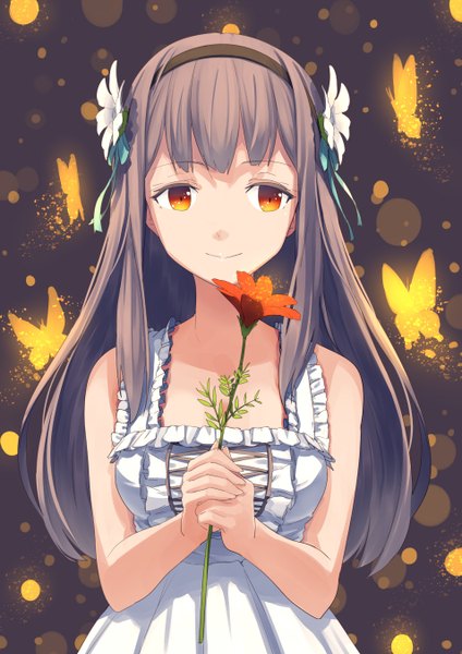 Anime picture 955x1350 with original touboku single long hair tall image looking at viewer smile brown hair hair flower orange eyes dark background girl dress hair ornament flower (flowers) hairband insect butterfly sundress