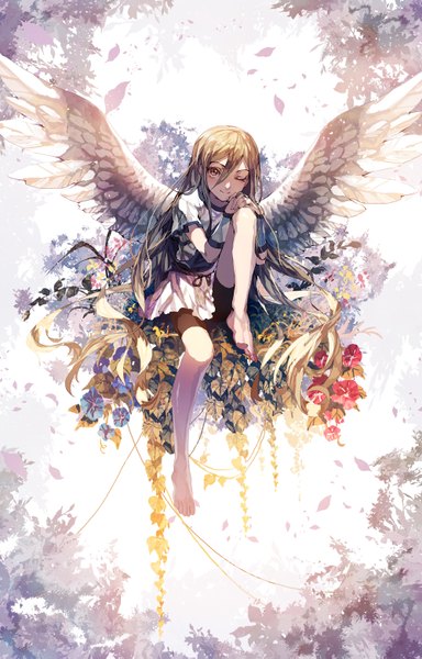 Anime picture 1000x1563 with inazuma eleven inazuma eleven go afuro terumi ser323 single tall image blonde hair smile sitting brown eyes bent knee (knees) very long hair one eye closed barefoot wink angel wings otoko no ko boy skirt flower (flowers)