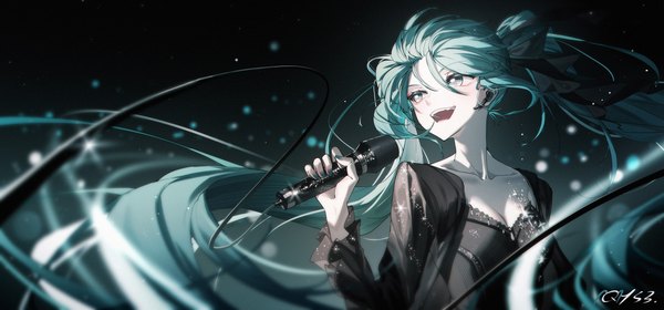 Anime picture 2500x1167 with vocaloid hatsune miku qys3 single fringe highres open mouth hair between eyes wide image twintails looking away upper body very long hair :d aqua eyes aqua hair black background girl microphone