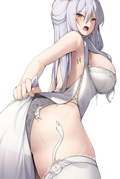 Anime picture 2583x3840 with original ddangbi single long hair tall image looking at viewer blush fringe highres breasts open mouth light erotic simple background hair between eyes large breasts standing white background yellow eyes white hair from behind