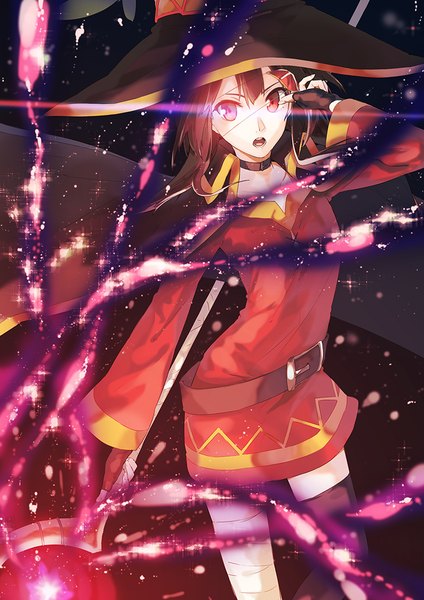 Anime picture 800x1131 with kono subarashii sekai ni shukufuku wo! studio deen megumin la-na single long hair tall image blush short hair open mouth red eyes holding looking away long sleeves arm up wide sleeves teeth sparkle zettai ryouiki magic