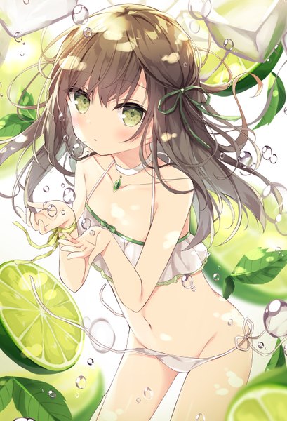 Anime picture 1022x1500 with original hoshi (snacherubi) single long hair tall image looking at viewer blush fringe light erotic hair between eyes brown hair standing bare shoulders green eyes payot parted lips scan bare belly leaning depth of field