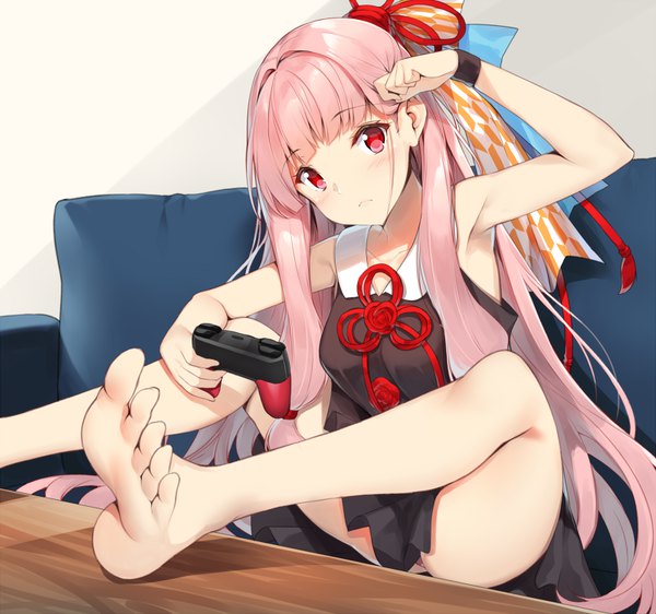 Anime picture 800x750 with voiceroid kotonoha akane yappen single long hair looking at viewer fringe light erotic sitting pink hair pink eyes barefoot armpit (armpits) sleeveless adjusting hair leg lift (legs lift) girl hair ornament couch toes