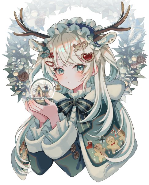 Anime picture 3678x4542 with original xp-pen zoff (daria) single long hair tall image looking at viewer highres blonde hair holding animal ears absurdres upper body nail polish horn (horns) aqua eyes two side up christmas extra ears antlers