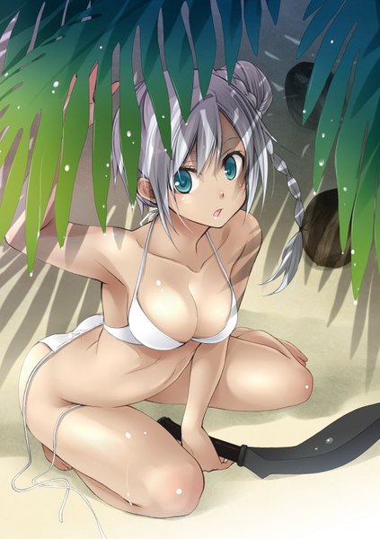 Anime picture 1155x1640 with original bomi long hair tall image looking at viewer breasts open mouth blue eyes light erotic sitting silver hair girl navel weapon swimsuit bikini leaf (leaves) white bikini