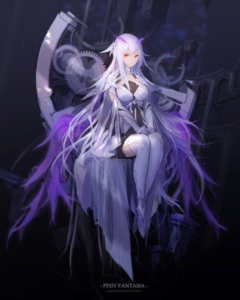 Anime picture 1276x1594 with original pixiv fantasia pixiv fantasia last saga swd3e2 single tall image looking at viewer red eyes sitting signed silver hair full body bent knee (knees) very long hair copyright name girl gloves elbow gloves gears machine