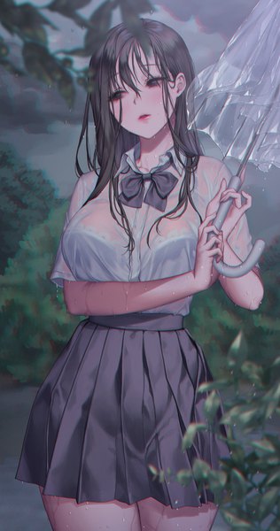 Anime picture 1582x3000 with original love cacao single long hair tall image blush fringe breasts light erotic black hair hair between eyes large breasts holding looking away outdoors parted lips head tilt pleated skirt black eyes blurry