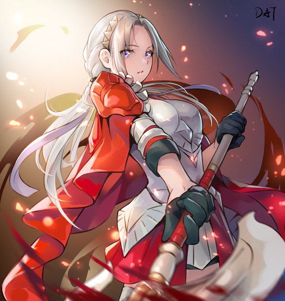 Anime picture 1800x1900 with fire emblem fire emblem: three houses fire emblem warriors: three hopes nintendo edelgard von hresvelg da-cart single long hair tall image looking at viewer highres simple background standing purple eyes holding signed payot silver hair low ponytail girl