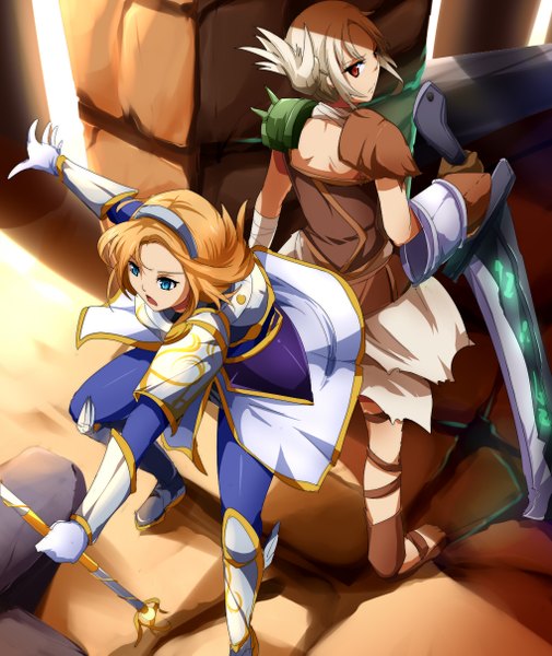Anime picture 1018x1209 with league of legends riven (league of legends) lux (league of legends) long hair tall image short hair open mouth blue eyes blonde hair red eyes multiple girls grey hair girl 2 girls sword staff