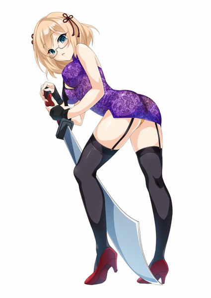 Anime picture 906x1280 with valkyrie drive arms corporation azalea egner cle masahiro single tall image blush short hair blue eyes light erotic blonde hair simple background white background traditional clothes pantyshot chinese clothes girl thighhighs underwear panties