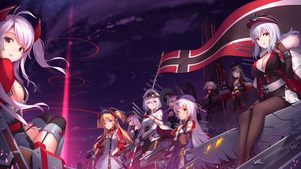 Anime picture 1991x1120 with azur lane prinz eugen (azur lane) graf zeppelin (azur lane) deutschland (azur lane) admiral hipper (azur lane) tirpitz (azur lane) z46 (azur lane) gneisenau (azur lane) z1 leberecht maass (azur lane) scharnhorst (azur lane) athrun1120 long hair looking at viewer blush fringe highres short hair light erotic hair between eyes red eyes