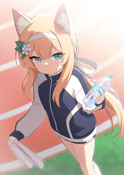 Anime picture 1061x1500 with blue archive mari (blue archive) mari (gym uniform) (blue archive) heijialan single long hair tall image blue eyes animal ears outdoors from above orange hair official alternate costume low ponytail girl hairband bottle water bottle sports jacket