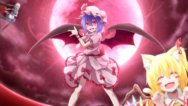 Anime picture 1920x1080 with bishoujo senshi sailor moon touhou toei animation flandre scarlet remilia scarlet izayoi sakuya chiba mamoru tuxedo kamen evandragon highres short hair open mouth blonde hair smile red eyes wide image multiple girls animal ears sky silver hair