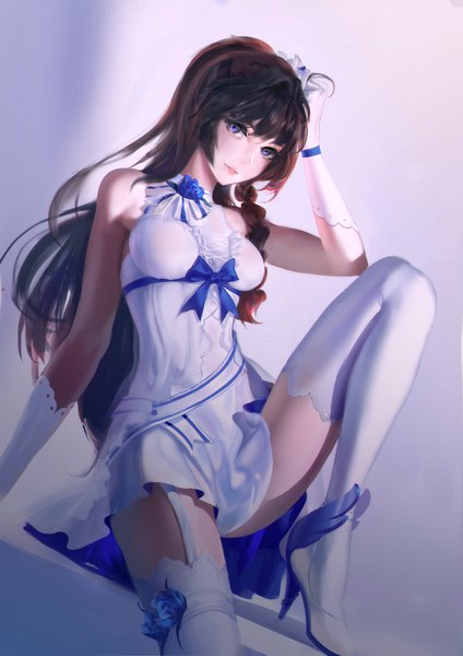 Anime picture 1200x1697 with benghuai xueyuan honkai (series) raiden mei raiden mei (aeterba purum) rabbit (tukenitian) single long hair tall image looking at viewer breasts light erotic black hair simple background sitting purple eyes bare shoulders braid (braids) parted lips high heels zettai ryouiki