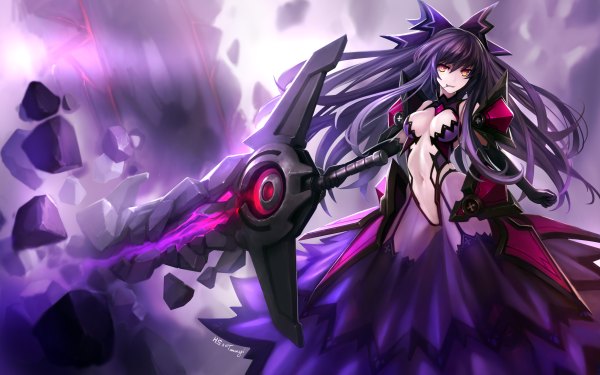 Anime-Bild 4800x3000 mit date a live yatogami tooka zhuore zhi hen single long hair looking at viewer highres breasts light erotic absurdres purple hair orange eyes girl thighhighs gloves navel bow weapon hair bow black gloves