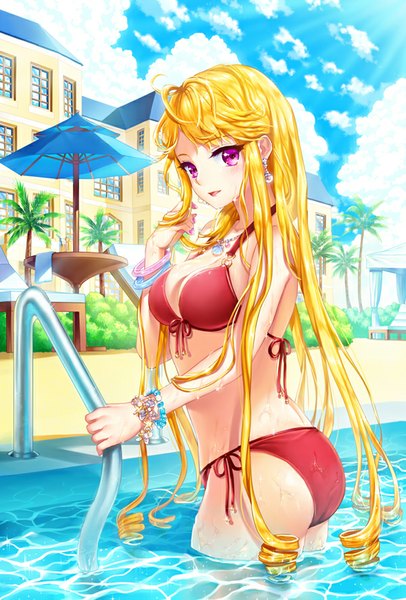 Anime picture 600x885 with original shainea single tall image looking at viewer breasts open mouth light erotic blonde hair purple eyes sky cloud (clouds) drill hair girl swimsuit earrings bikini bracelet