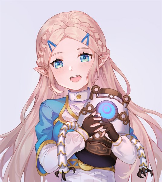 Anime picture 750x839 with the legend of zelda the legend of zelda: breath of the wild nintendo princess zelda jolker single long hair tall image looking at viewer open mouth blue eyes simple background blonde hair upper body :d pointy ears girl gloves hairclip fingerless gloves