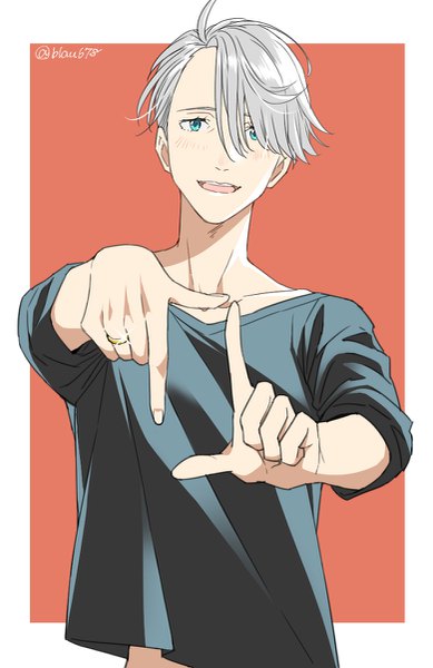 Anime picture 779x1200 with yuri!!! on ice mappa viktor nikiforov natsuko (bluecandy) single tall image looking at viewer fringe short hair open mouth blue eyes simple background silver hair upper body fingernails hair over one eye sparkle red background boy ring
