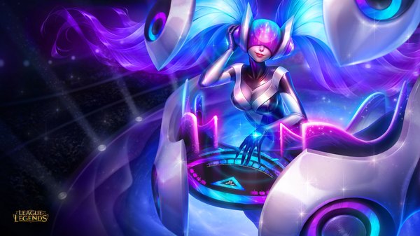 Anime-Bild 1920x1080 mit league of legends sona buvelle michelle hoefener single long hair highres breasts smile wide image twintails blue hair purple hair multicolored hair lips realistic official art wallpaper lipstick gradient hair red lipstick