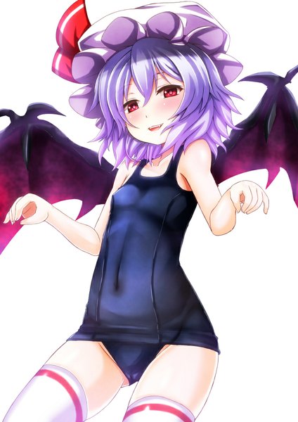 Anime picture 707x1000 with touhou remilia scarlet ebi 193 single tall image looking at viewer blush fringe short hair breasts light erotic simple background smile red eyes white background purple hair flat chest lolicon girl thighhighs