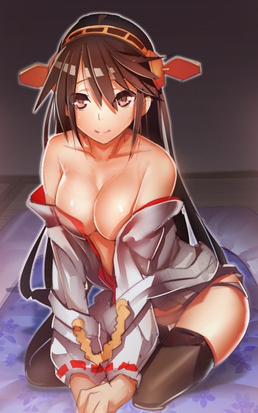 Anime picture 900x1440 with kantai collection haruna battleship namago single long hair tall image looking at viewer blush breasts light erotic smile brown hair large breasts sitting bare shoulders brown eyes cleavage undressing girl underwear