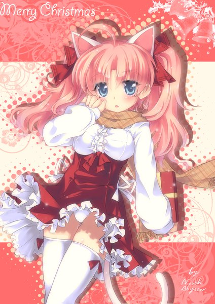 Anime-Bild 2480x3507 mit original north abyssor single long hair tall image highres breasts blue eyes light erotic large breasts twintails animal ears pink hair ahoge tail long sleeves parted lips animal tail cat ears cat girl