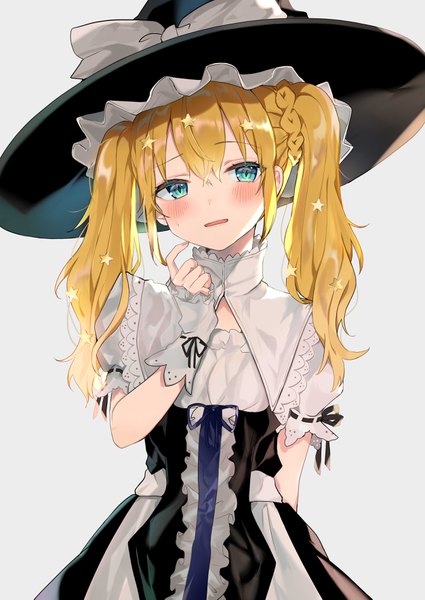 Anime picture 2507x3541 with touhou kirisame marisa satoupote single long hair tall image looking at viewer blush fringe highres simple background blonde hair hair between eyes twintails upper body aqua eyes grey background alternate costume alternate hairstyle alternate eye color