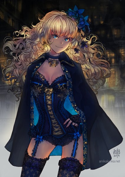 Anime picture 636x900 with original anikakinka single long hair tall image fringe breasts blue eyes light erotic smile signed hair flower hand on hip dated wavy hair arched back girl thighhighs hair ornament flower (flowers)