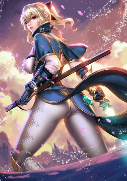 Anime picture 2828x4000 with genshin impact jean gunnhildr liang xing single long hair tall image looking at viewer fringe highres breasts light erotic blonde hair hair between eyes purple eyes holding payot sky cloud (clouds) bent knee (knees) outdoors