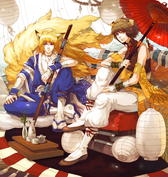 Anime picture 831x873 with original yazad salam zuhrah long hair tall image short hair blue eyes blonde hair brown hair sitting brown eyes animal ears bent knee (knees) tail traditional clothes animal tail wind multiple boys orange eyes