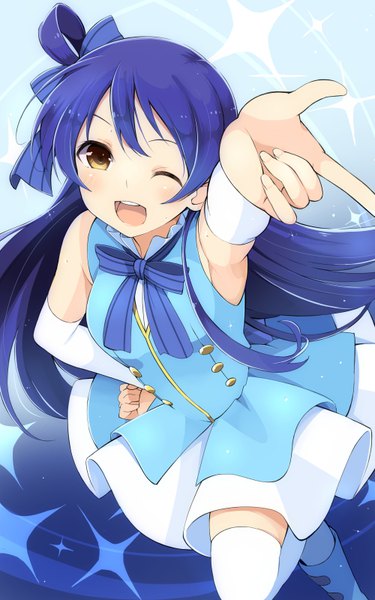 Anime picture 500x800 with love live! school idol project sunrise (studio) love live! sonoda umi wara (warapro) single long hair tall image open mouth brown eyes blue hair one eye closed arm up from above wink teeth sparkle armpit (armpits) hand on hip ;d