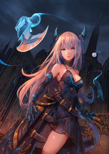 Anime picture 1567x2214 with original nekojira single long hair tall image looking at viewer fringe breasts open mouth blue eyes hair between eyes bare shoulders holding cleavage silver hair cloud (clouds) outdoors night dutch angle night sky