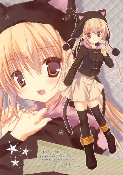 Anime picture 2115x3000 with original miyasaka miyu long hair tall image blush highres blonde hair red eyes twintails cat tail zoom layer girl thighhighs skirt black thighhighs miniskirt jacket boots cat cap