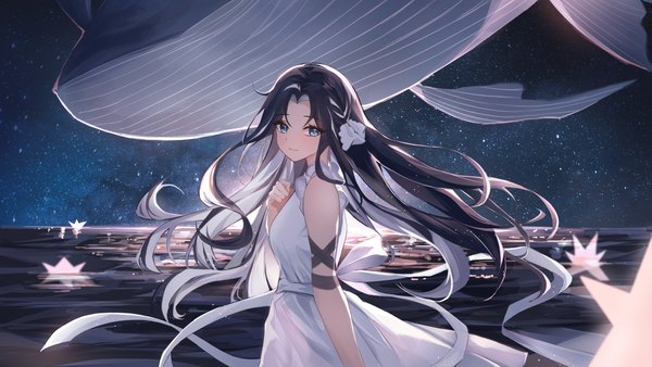 Anime picture 3840x2160 with original choc single long hair looking at viewer blush fringe highres blue eyes black hair wide image standing absurdres outdoors multicolored hair wind night streaked hair night sky turning head