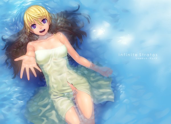 Anime picture 2480x1794 with infinite stratos 8bit charles dunois lasterk long hair highres open mouth light erotic blonde hair purple eyes outstretched arm naked towel girl water towel