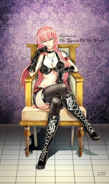 Anime picture 952x1600 with vocaloid megurine luka funkid single long hair tall image looking at viewer blue eyes light erotic sitting pink hair light smile shadow alternate costume crossed legs floral print lacing checkered floor girl thighhighs