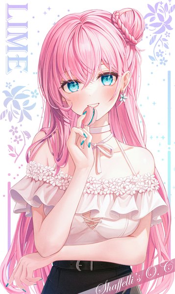 Anime picture 1556x2613 with original funii single long hair tall image looking at viewer blush fringe breasts blue eyes smile hair between eyes standing holding payot pink hair braid (braids) nail polish arm up fingernails
