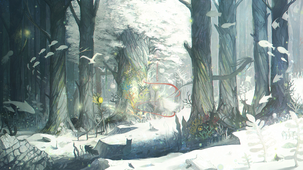 Anime-Bild 1920x1080 mit original otukimi looking at viewer highres wide image outdoors magic snowing winter snow flying no people fantasy scenic ghost demon blank eyes weapon plant (plants) animal