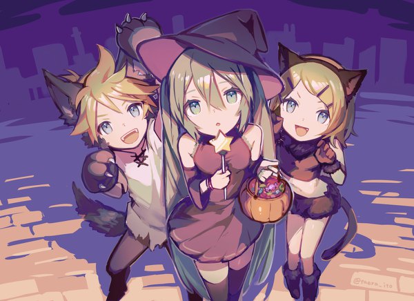 Anime picture 1200x872 with vocaloid hatsune miku kagamine rin kagamine len ito taera looking at viewer fringe short hair open mouth blue eyes blonde hair hair between eyes twintails multiple girls green eyes signed animal ears tail very long hair :d