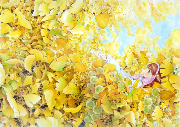 Anime picture 1274x900 with original efira single fringe short hair smile brown hair brown eyes sky profile girl dress hair ornament leaf (leaves) ginkgo