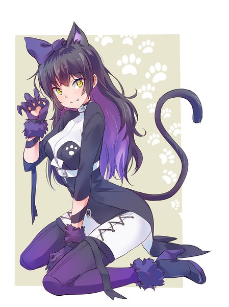 Anime picture 1196x1600 with rwby rooster teeth blake belladonna iesupa single long hair tall image black hair simple background smile white background sitting animal ears yellow eyes tail animal tail multicolored hair cat ears cat girl cat tail