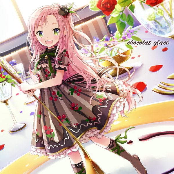 Anime picture 827x827 with original nyanya single long hair looking at viewer open mouth standing holding green eyes pink hair indoors sunlight teeth girl dress hair ornament flower (flowers) ribbon (ribbons) petals food
